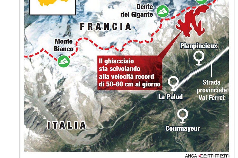 Allarme Monte Bianco – A rischio maxi crollo di un ghiacciaio, una massa di 250mila metri cubi