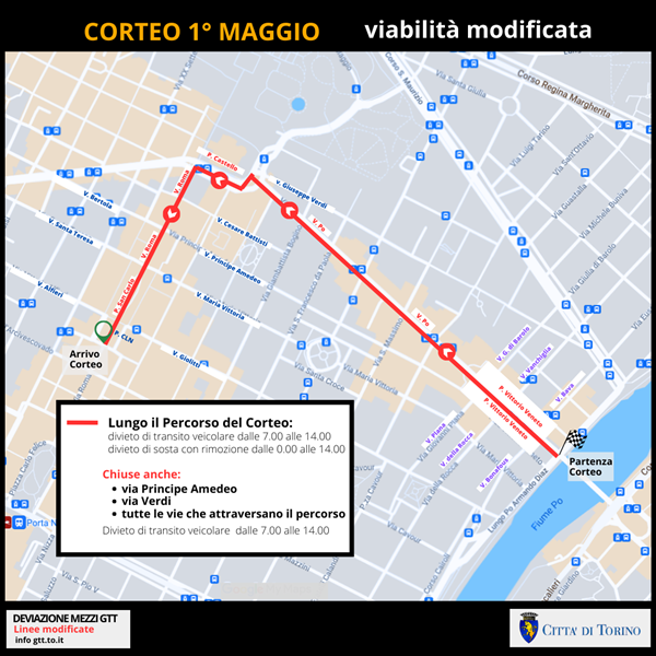 Torino – Corteo del 1° maggio. Previste modifiche viabili nel centro città. Tutte le Info